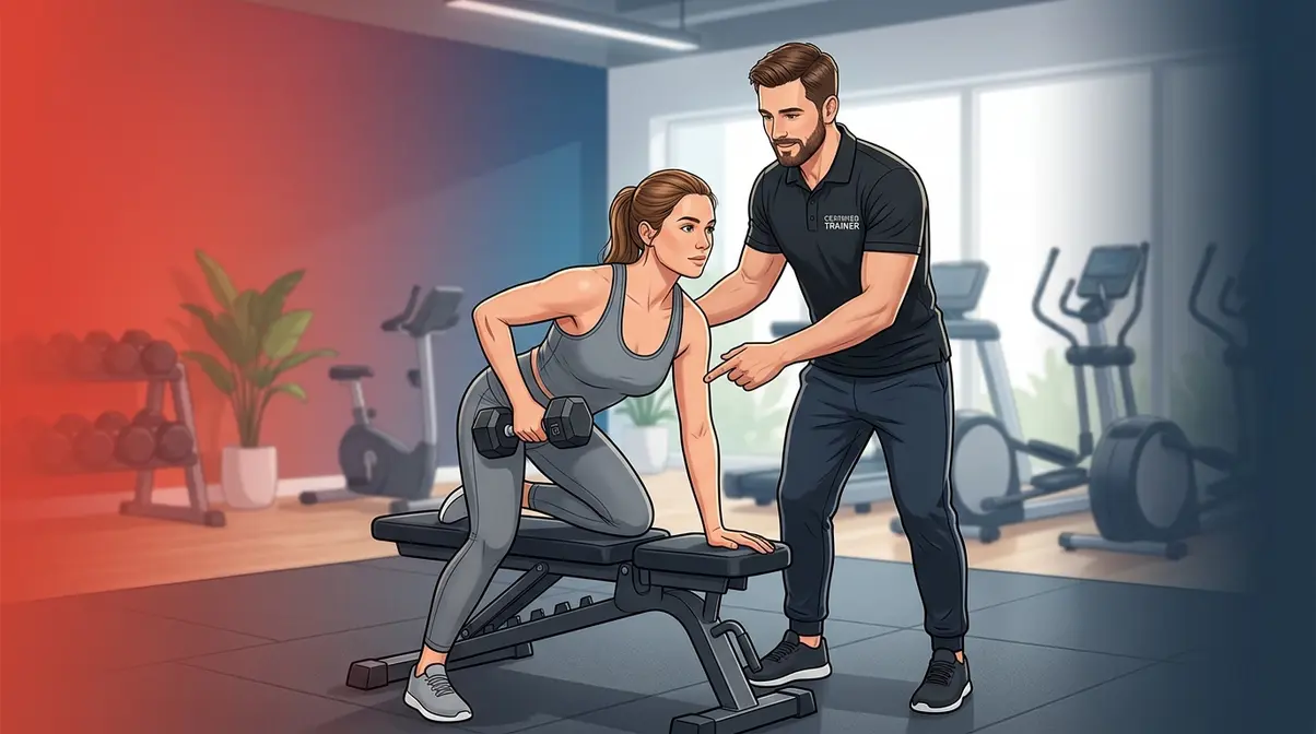 Certified personal trainer coaching a beginner on strength training form for fat loss program