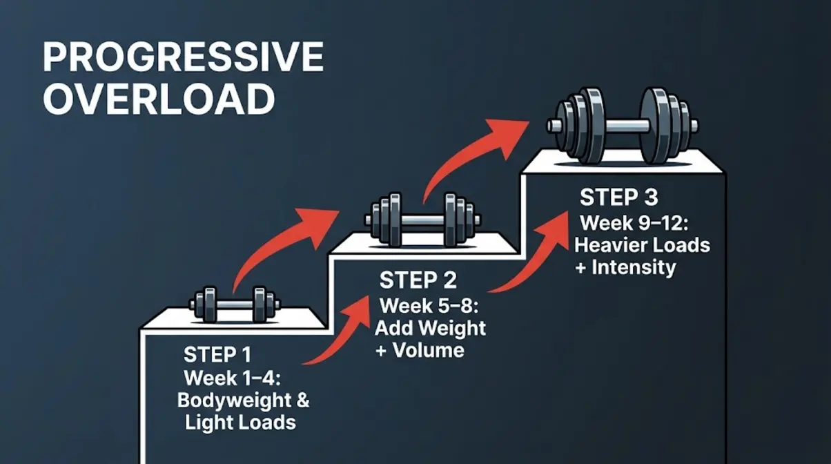 Progressive overload staircase illustration for 12-week beginner strength training fat loss plan