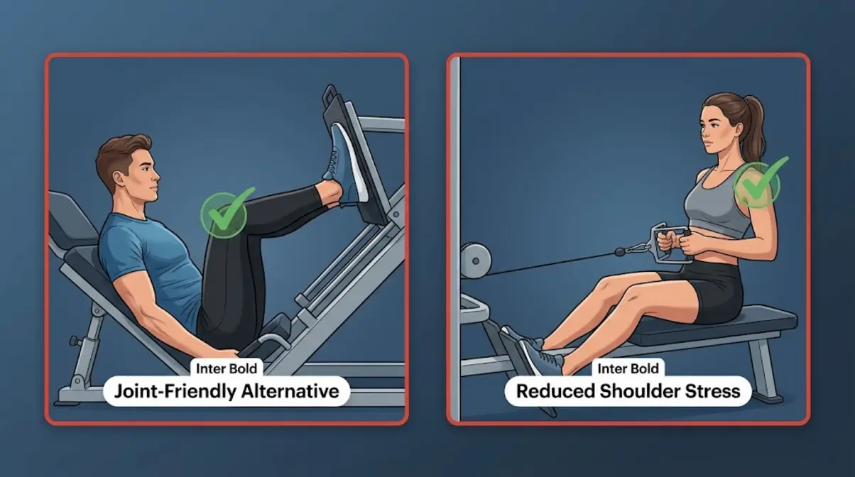 Strength training exercise modifications for beginners with joint pain showing leg press and cable row alternatives