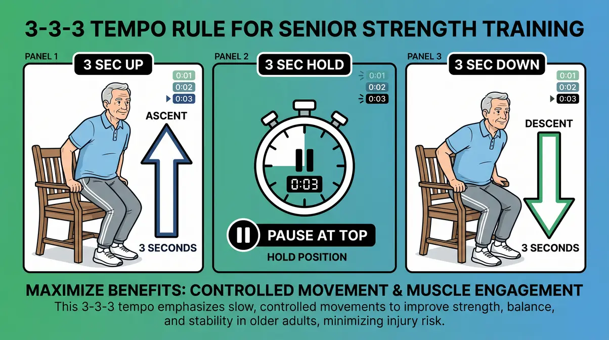Strength training for seniors at home using the 3-3-3 tempo rule diagram showing three movement phases