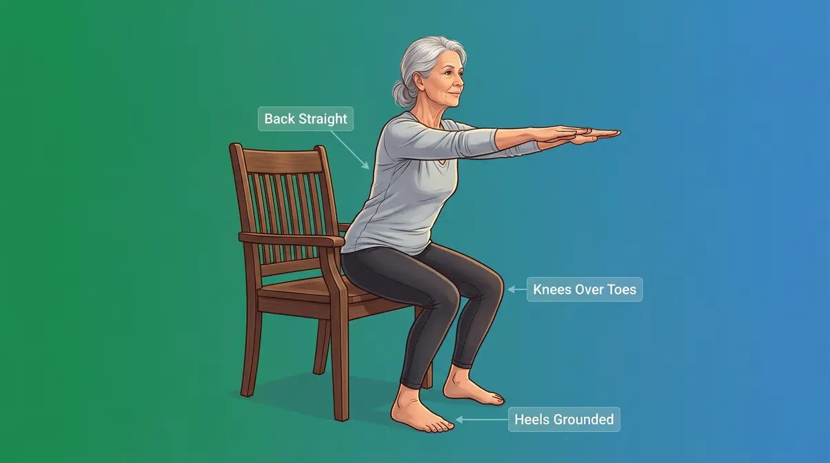 Senior woman doing chair squat for lower body strength training at home with correct form