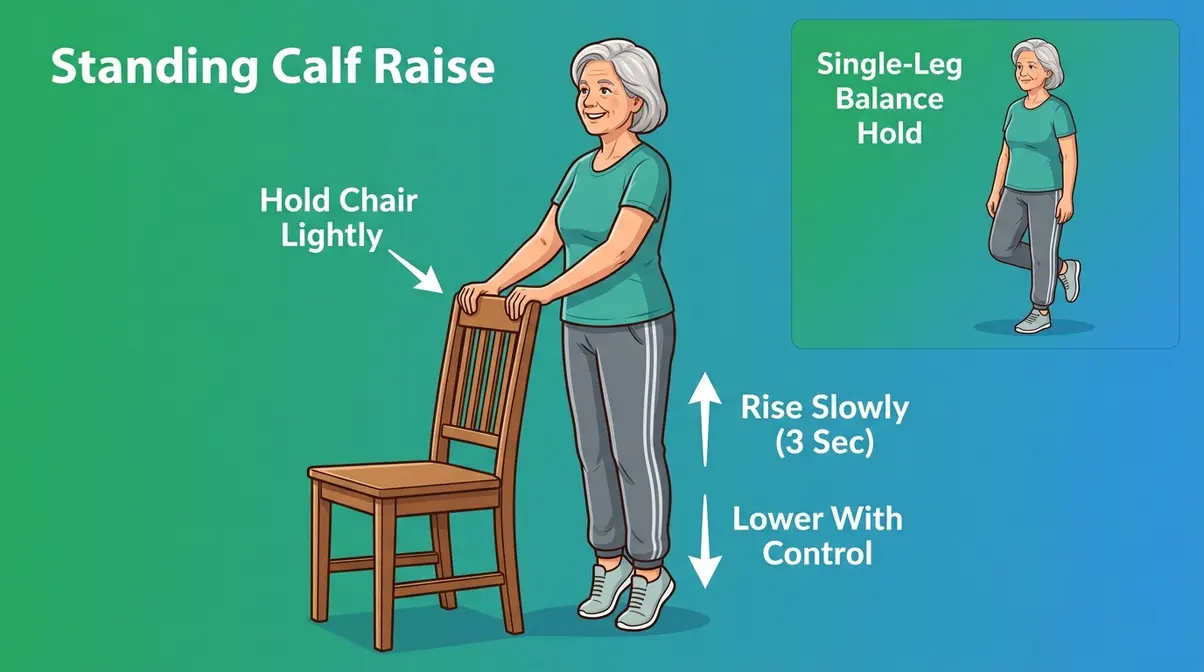 Senior woman performing standing calf raise and balance hold exercises for lower body strength at home