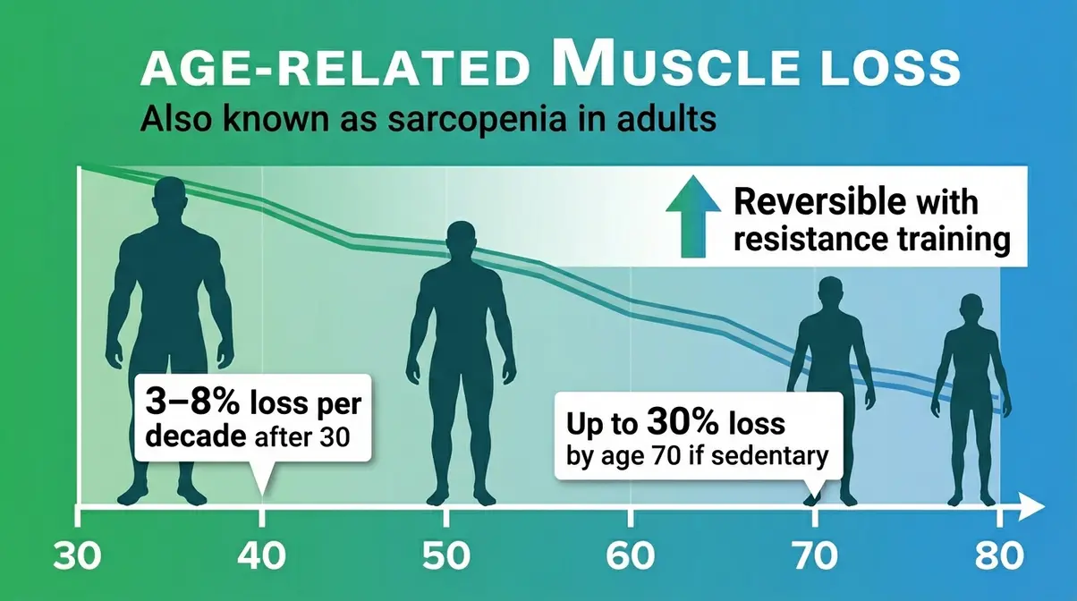 Infographic showing age-related muscle loss after 60 and how strength training reverses sarcopenia