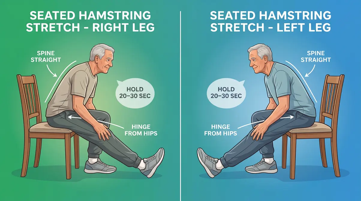 Senior man performing seated hamstring stretch cool-down after home strength training session