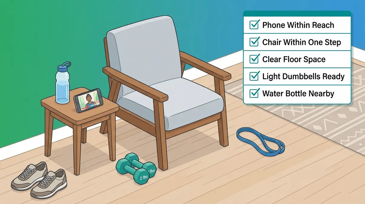 Safe home workout setup for seniors showing chair, light dumbbells, resistance band, and phone nearby