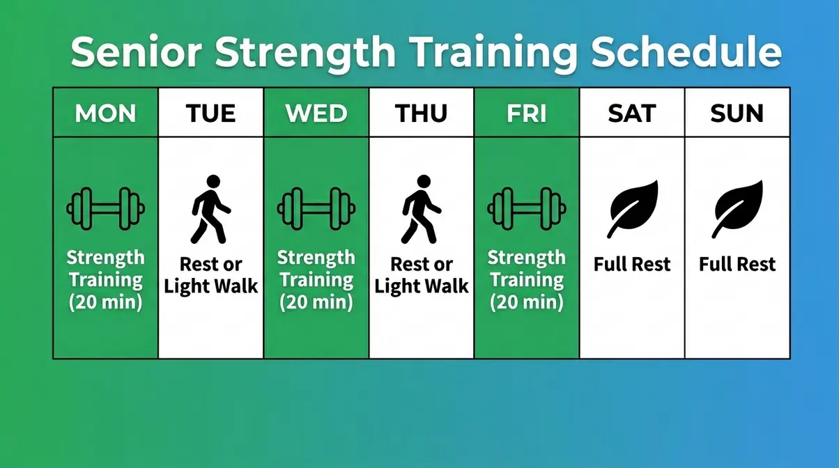 Weekly calendar showing how often seniors should lift weights — three days per week schedule