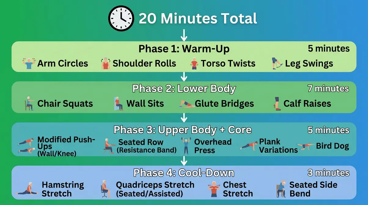 20-minute senior strength training weekly schedule showing warm-up, lower body, upper body, and cool-down phases