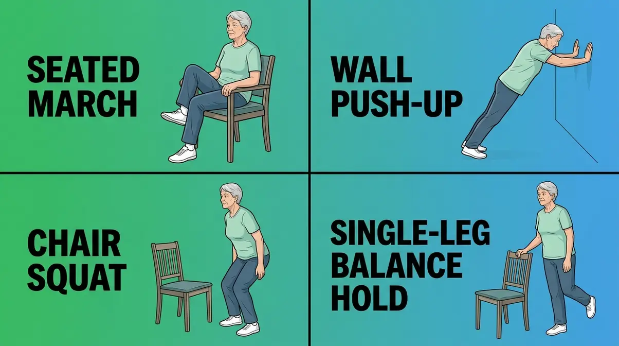Overview of four key at-home strength exercises for seniors including chair squat and wall push-up