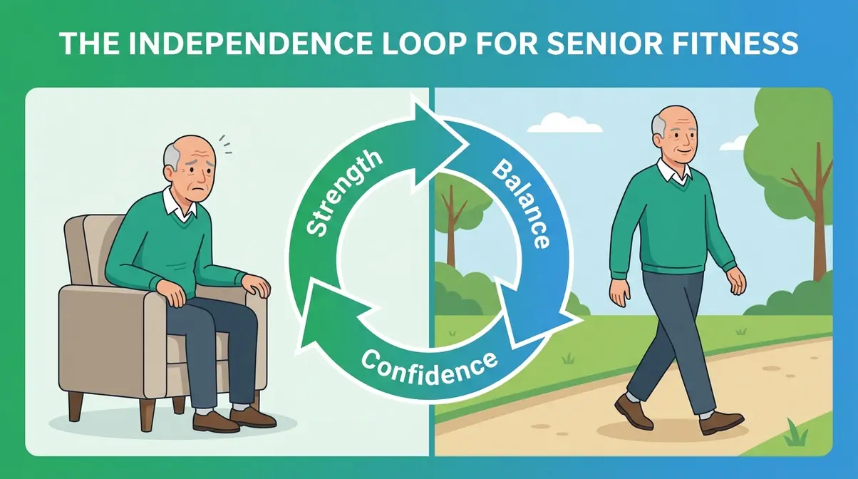 Illustration showing how strength training builds balance and confidence in seniors through the Independence Loop