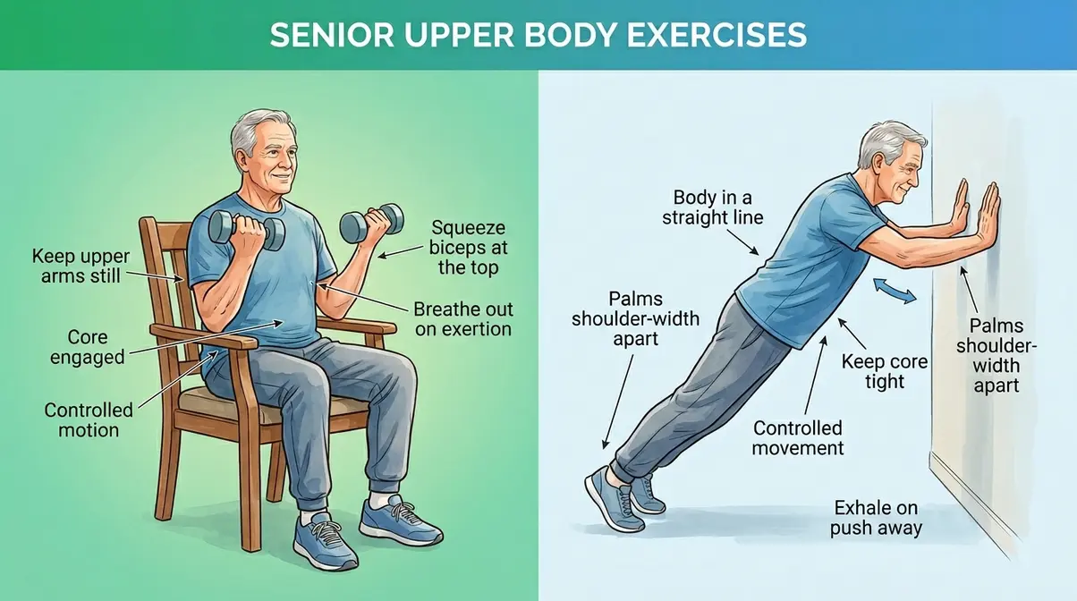 Senior man performing seated bicep curl and wall push-up for upper body strength training at home