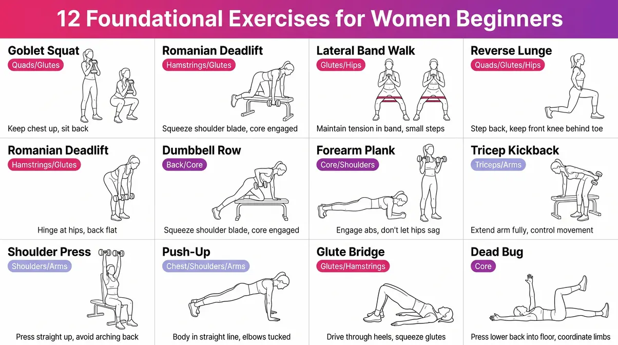 Illustrated infographic showing 12 beginner strength training exercises for women with muscle group labels and form cues