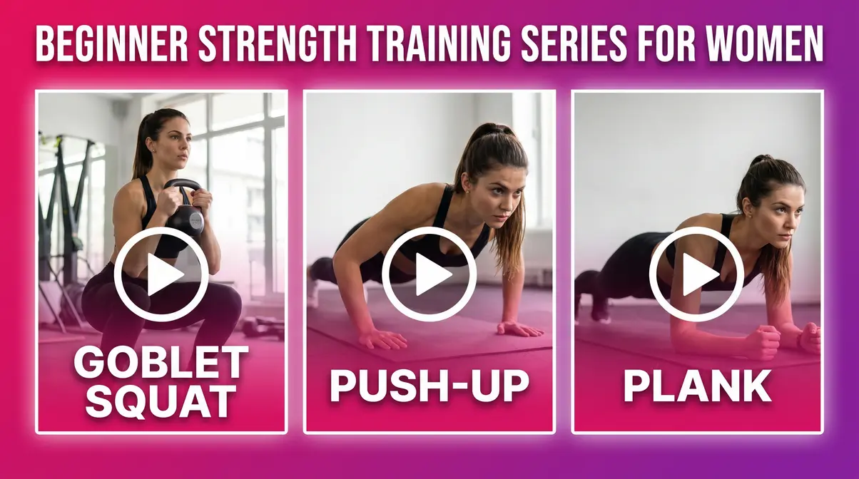 Three-part beginner strength training form video series for women covering all 12 foundational exercises