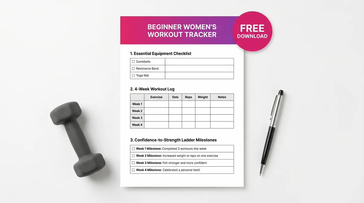 Free beginner strength training tracker PDF for women showing 4-week workout log and equipment checklist