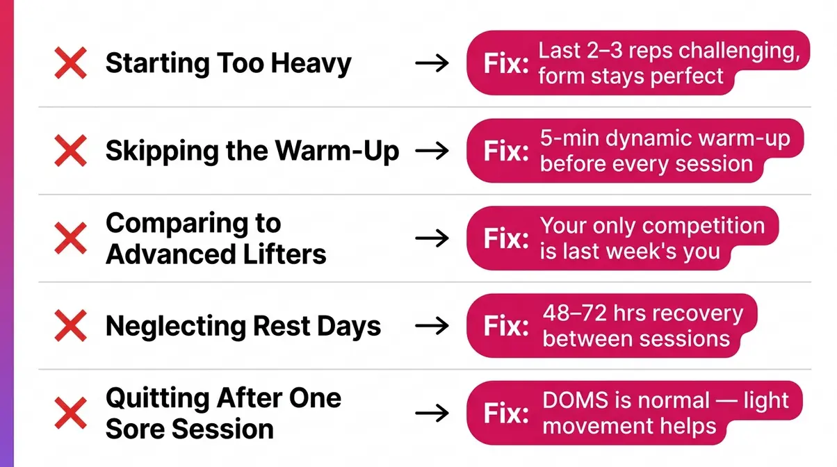 Infographic listing five common beginner strength training mistakes for women with practical fixes for each