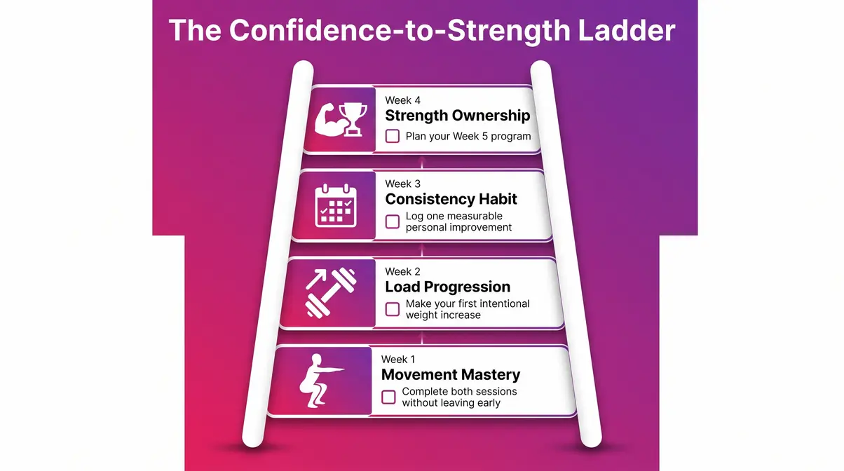 The Confidence-to-Strength Ladder infographic showing a 4-week beginner strength training framework for women with weekly milestones