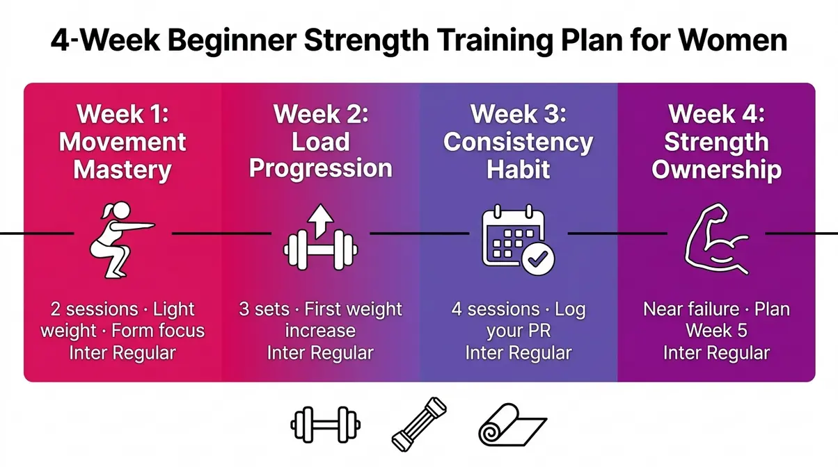 Four-week beginner strength training program overview for women showing weekly focus areas and milestones