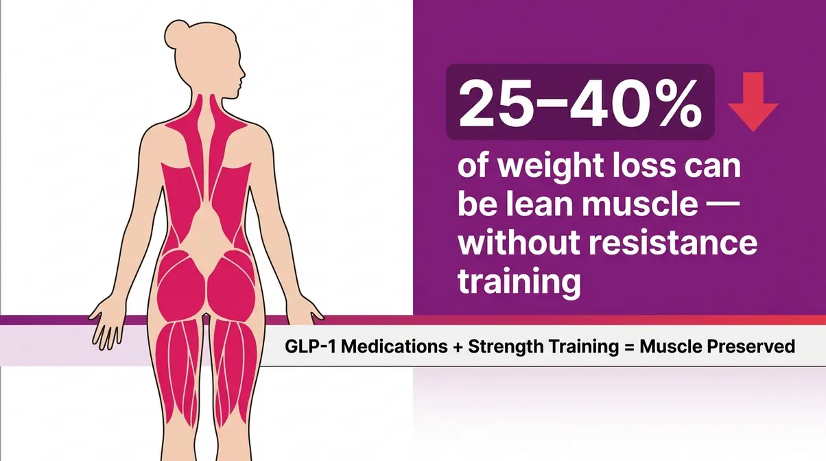 Infographic showing how strength training preserves muscle mass for women taking GLP-1 medications like Zepbound or Ozempic