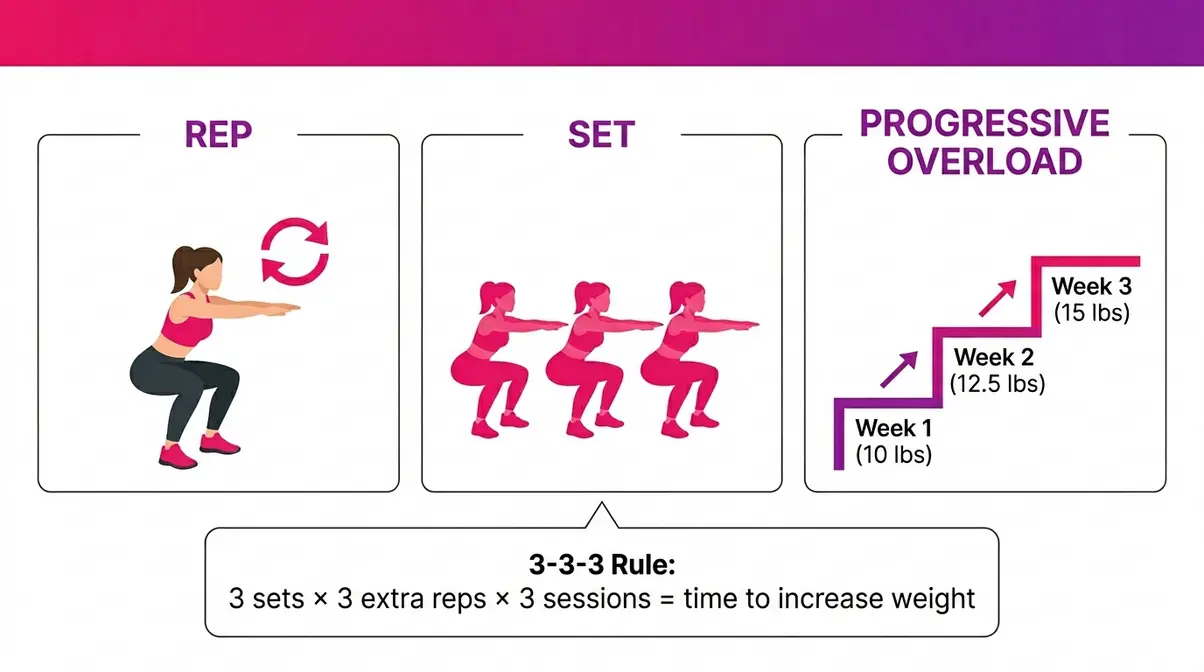 Educational diagram explaining sets, reps, and progressive overload for women beginners in strength training
