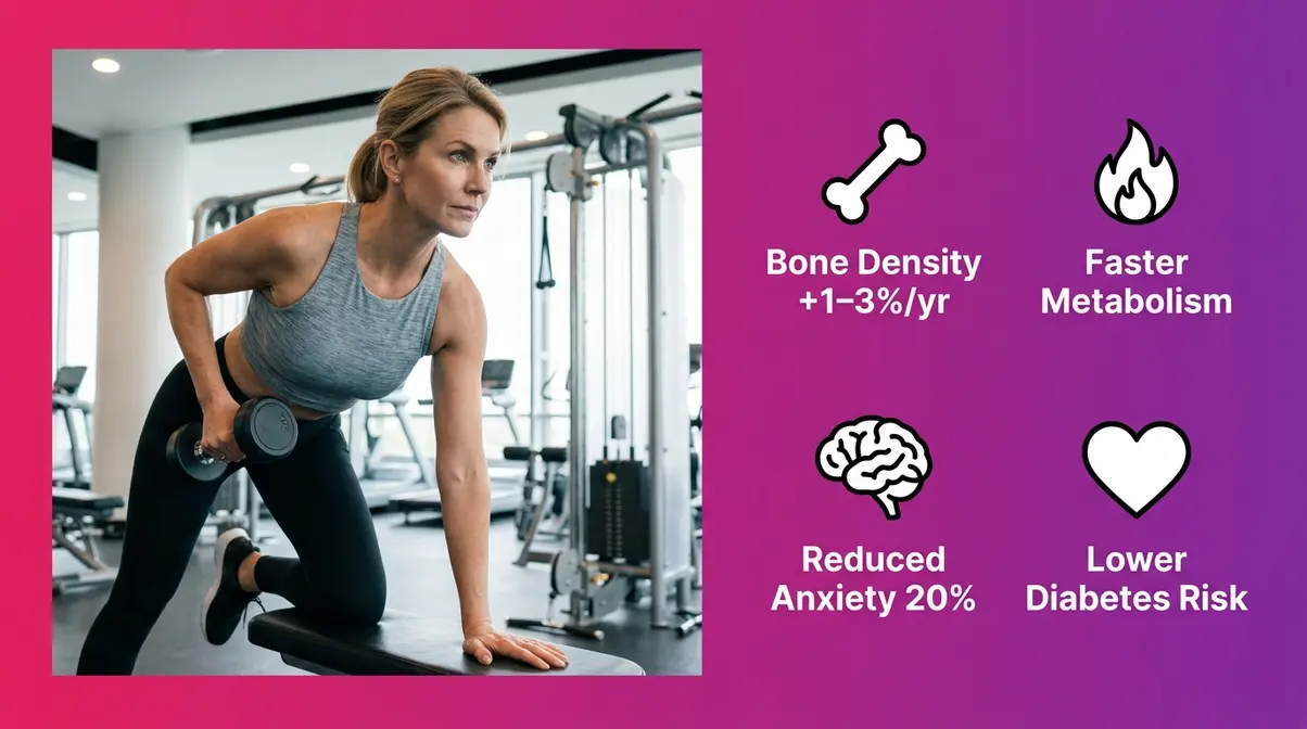 Woman lifting dumbbells alongside infographic showing four key strength training benefits for women including bone density and metabolism