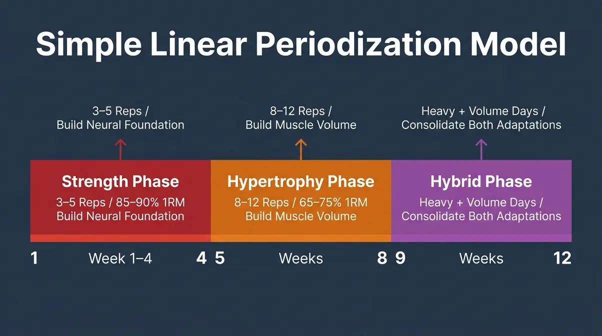 Linear periodization timeline showing strength phase, hypertrophy phase, and hybrid training phase across 12 weeks