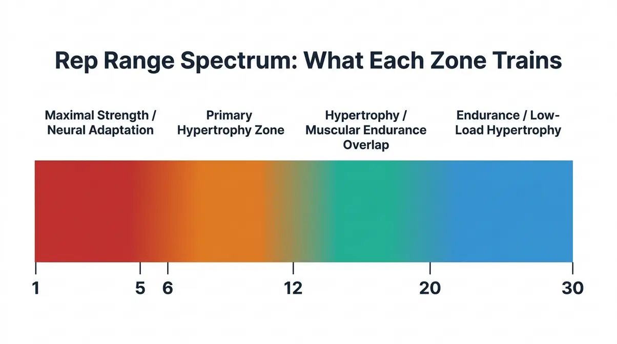 Rep range spectrum diagram showing strength training and hypertrophy training zones from 1 to 30 reps