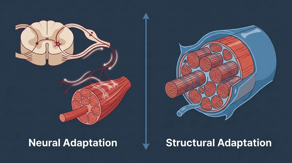 Scientific diagram comparing neural adaptation in strength training versus structural muscle adaptation in hypertrophy