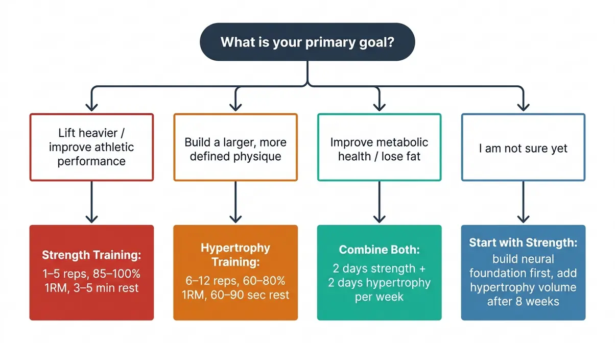 Decision flowchart for choosing between strength training vs hypertrophy based on fitness goals