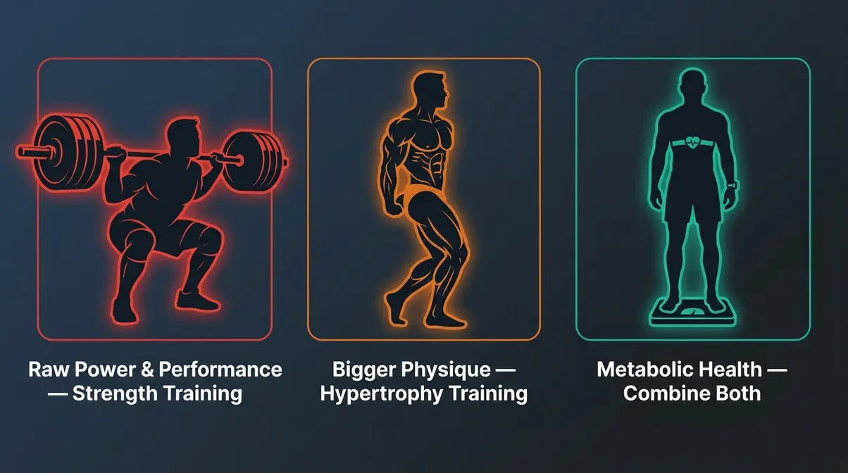 Three fitness goal panels showing strength training for power, hypertrophy for physique, and combined training for metabolic health