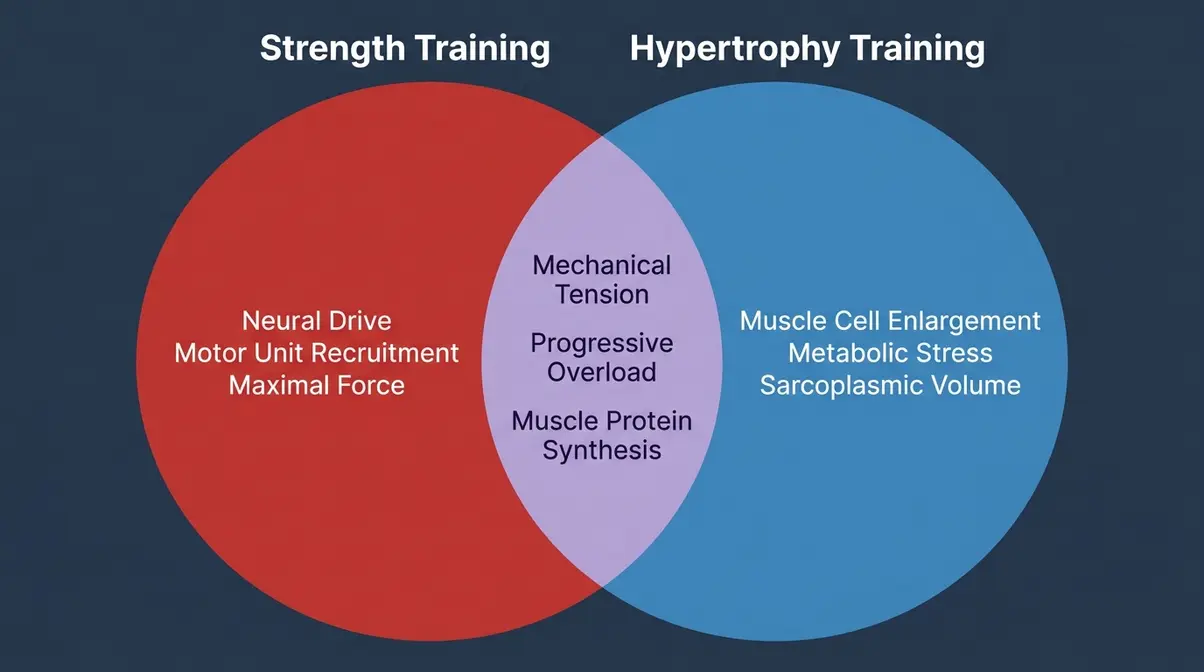 Venn diagram comparing strength training vs hypertrophy physiological adaptations and shared mechanisms