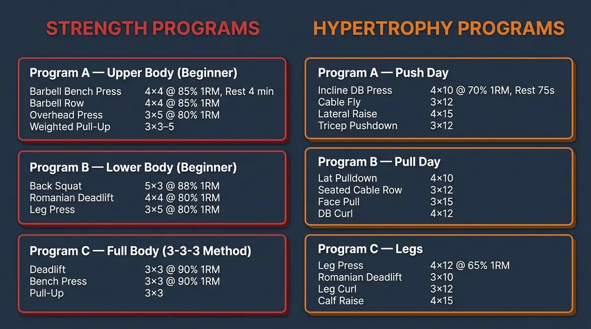 Side-by-side strength training vs hypertrophy programming cards showing sets reps and rest periods