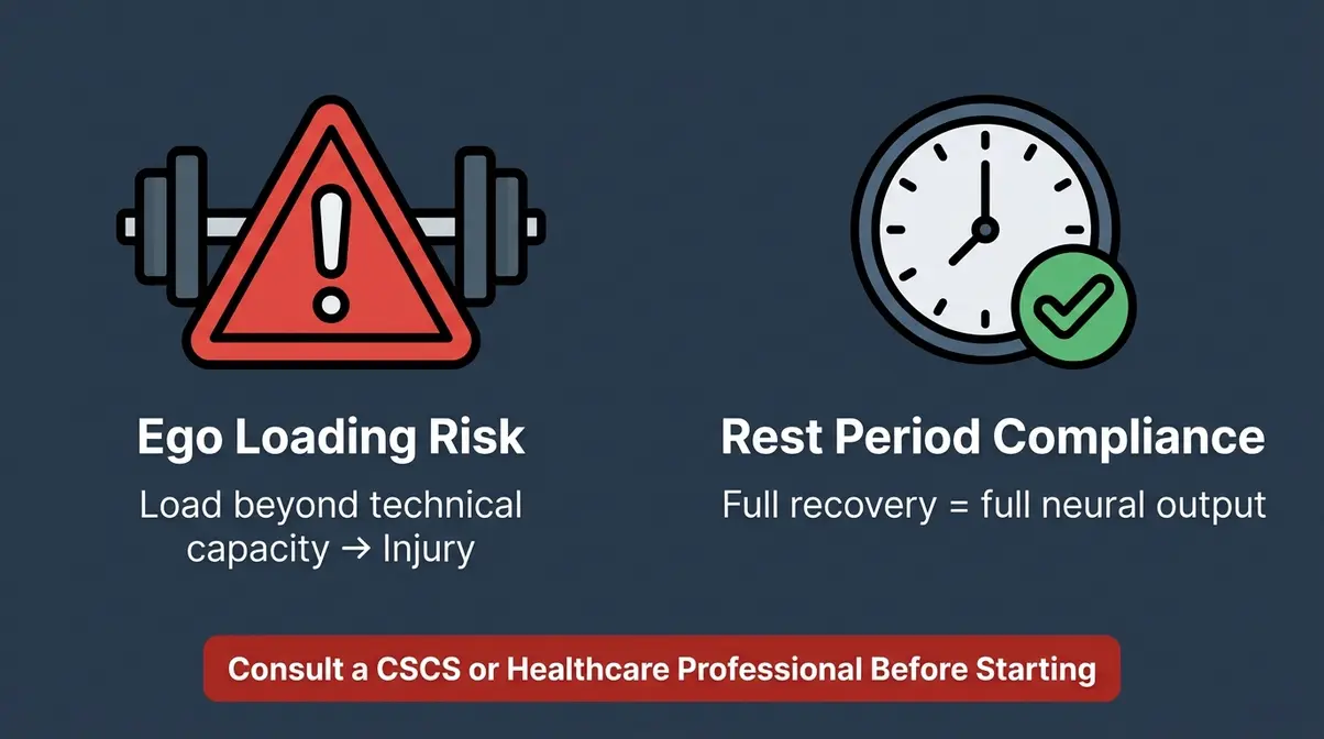 Strength training risk prevention illustration showing ego loading dangers and rest period compliance guidance