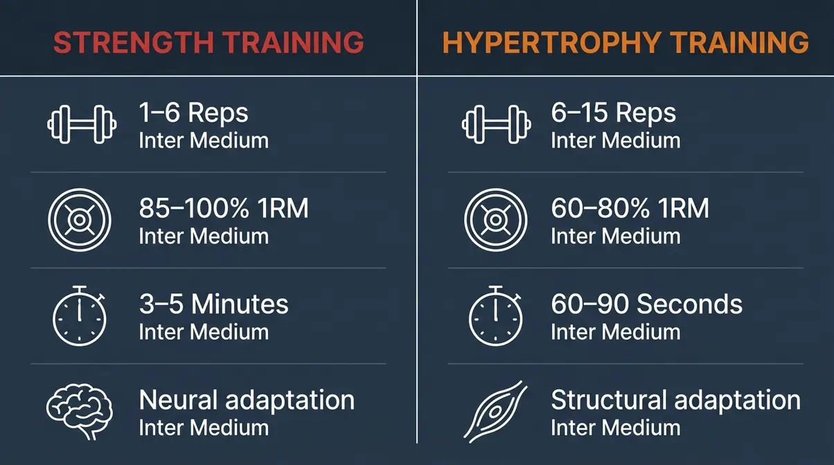 Side-by-side comparison of training variables for strength training versus hypertrophy training including reps load and rest