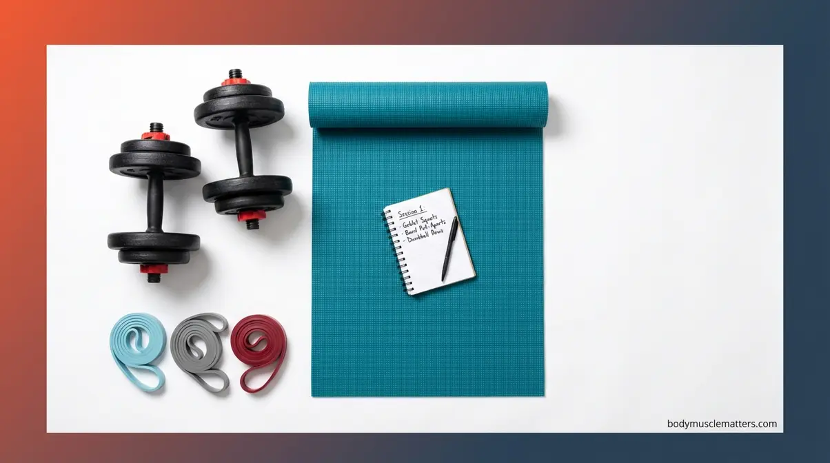 Beginner strength training equipment laid out including adjustable dumbbells resistance bands yoga mat and workout notebook