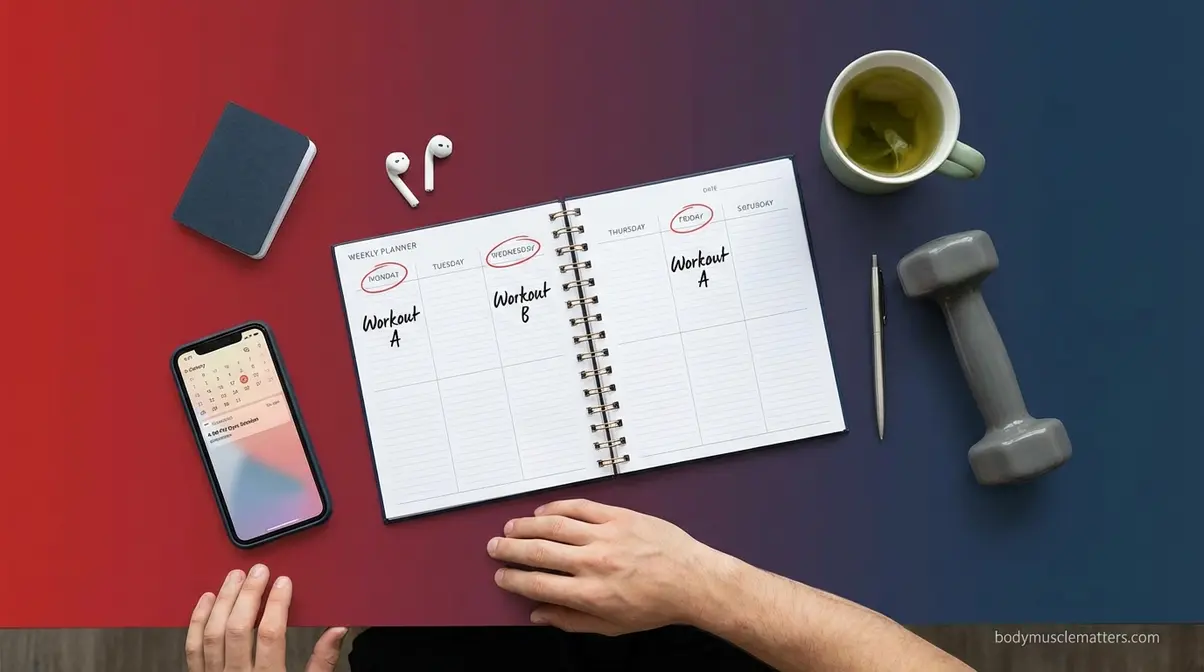 Beginner strength training weekly schedule planner showing three training days with rest days between sessions