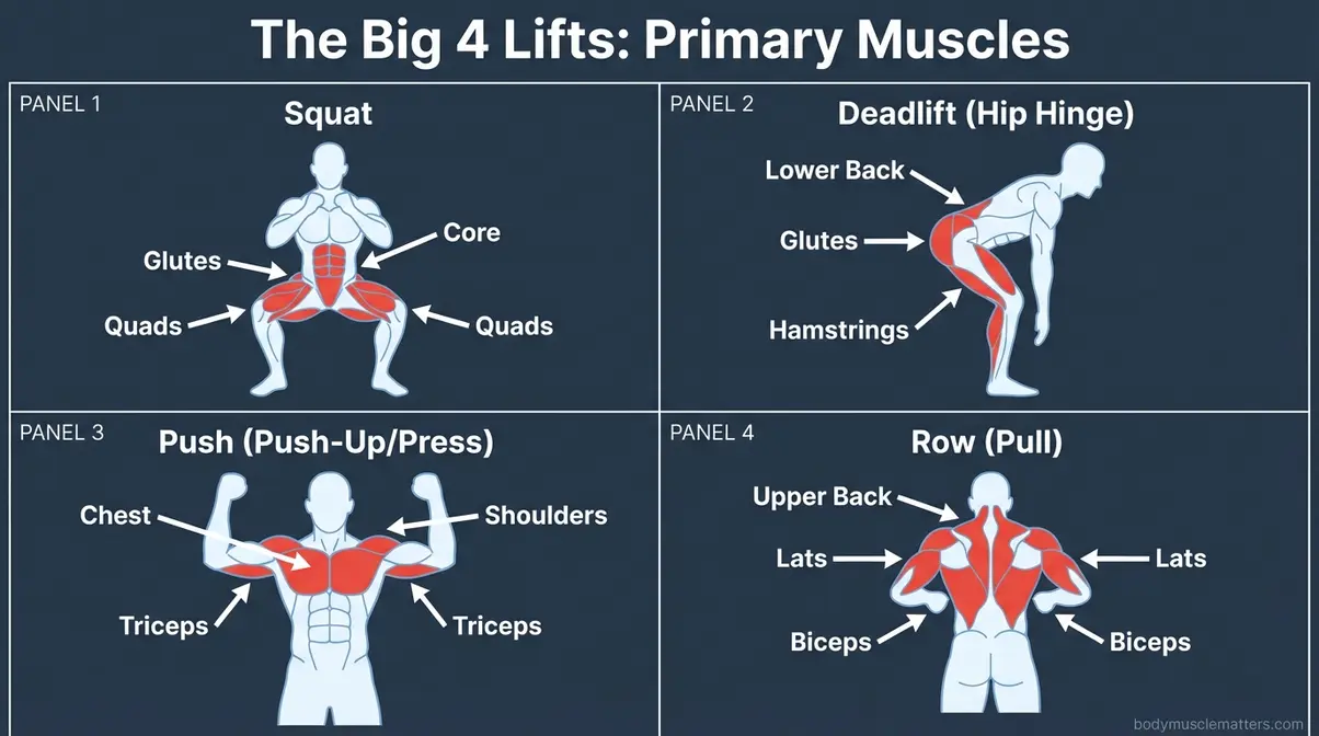 Anatomical diagram showing primary muscles worked by the four beginner strength training lifts: squat, deadlift, push, and row