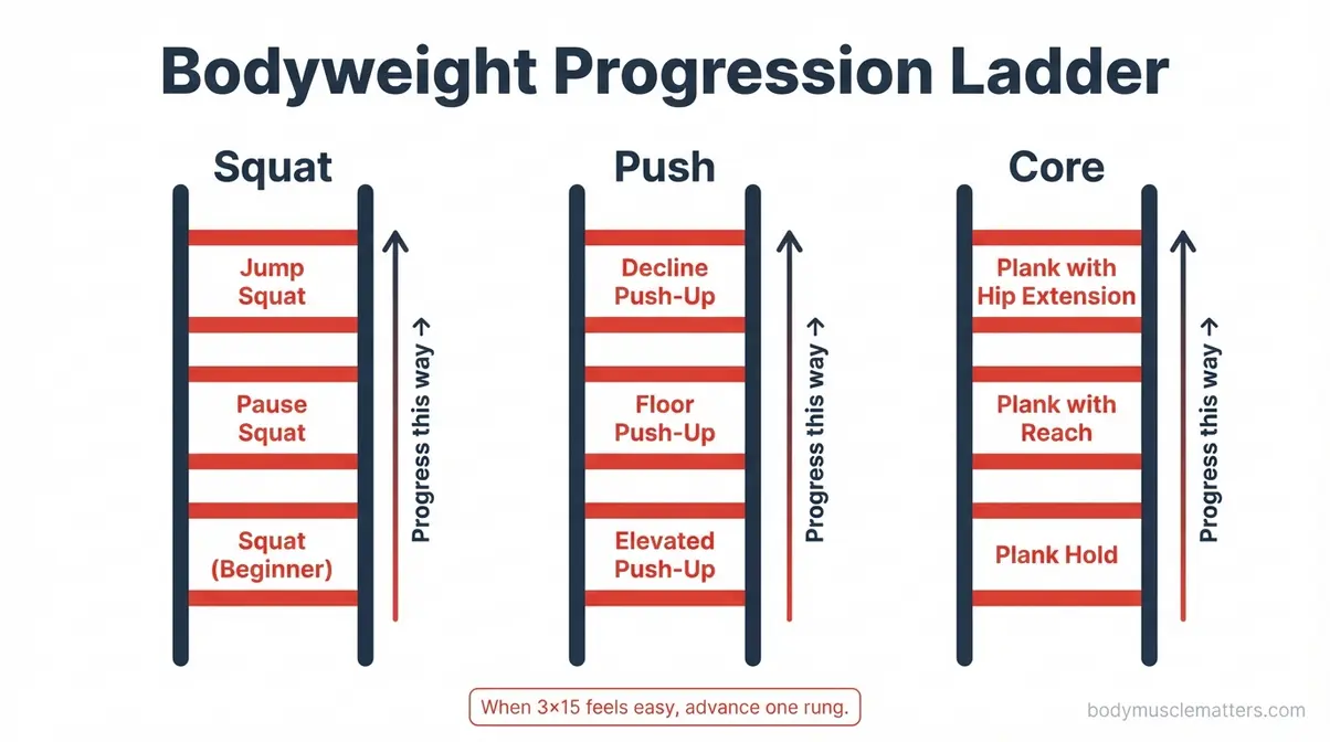 Beginner strength training bodyweight progression ladder showing squat push-up and core exercise levels from easiest to hardest