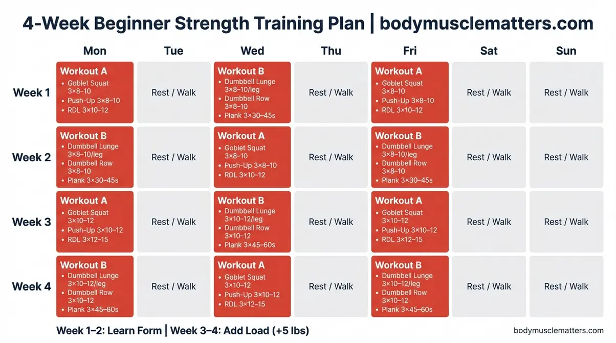Downloadable four-week beginner strength training workout calendar with Workout A and B schedule, sets, reps, and rest days labeled
