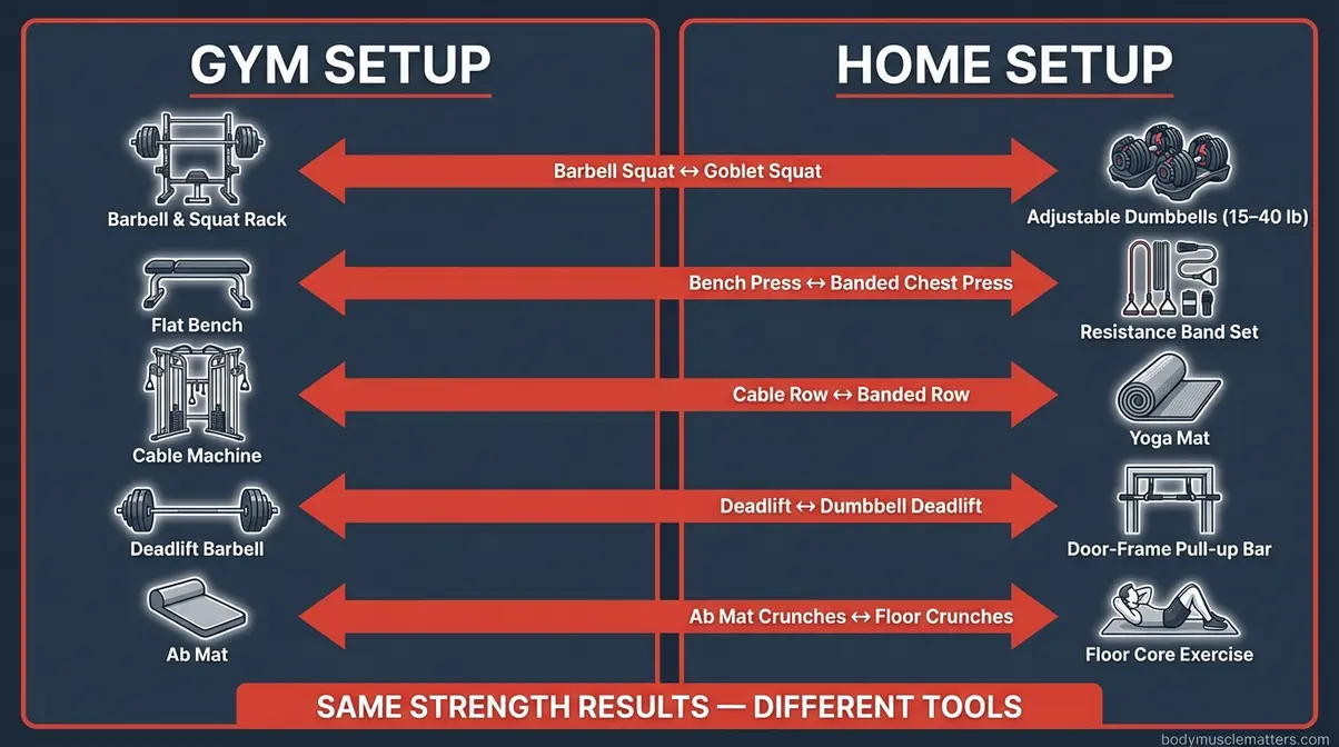 Side-by-side infographic comparing beginner strength training gym and home equipment setups with labeled alternatives