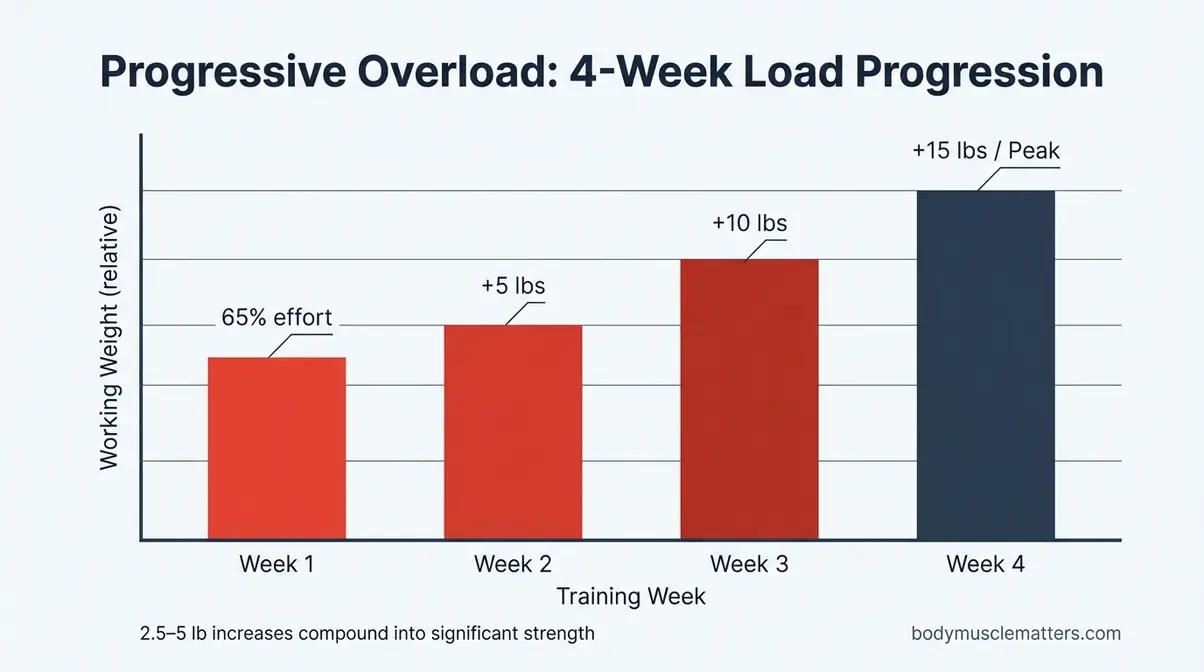 Bar chart showing beginner strength training progressive overload increasing across a four-week training cycle