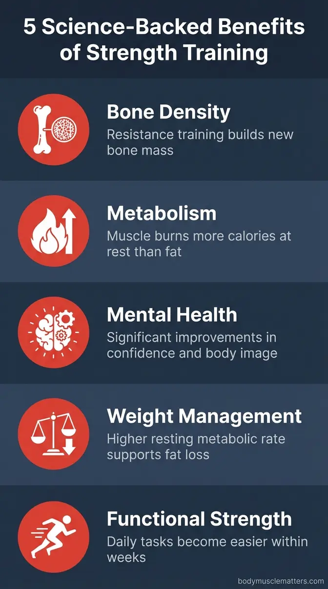 Infographic showing five key benefits of beginner strength training including bone density, metabolism, and mental health