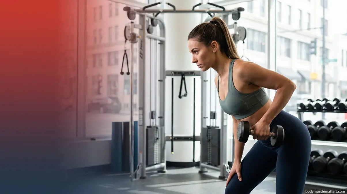 Woman performing dumbbell bent-over row demonstrating beginner strength training customization for female beginners