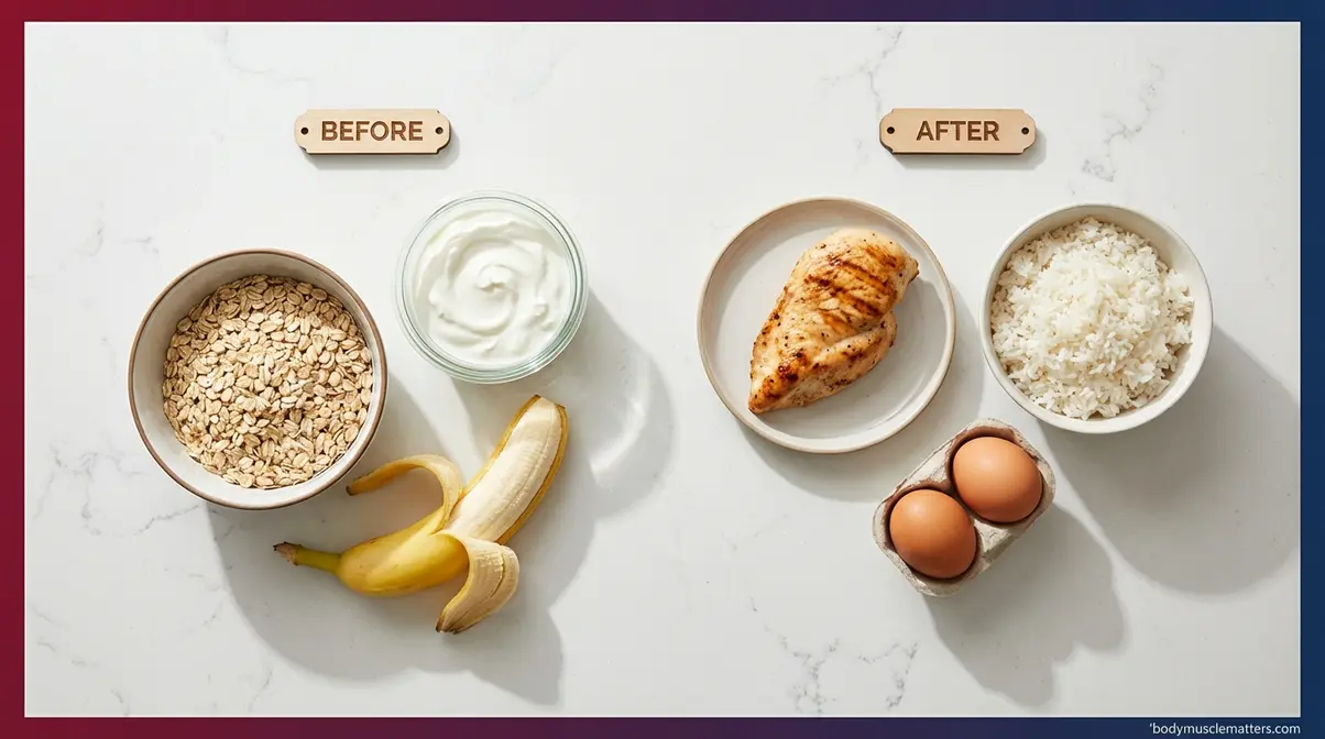 Pre and post-workout meal ingredients for beginner strength training showing protein and carbohydrate sources