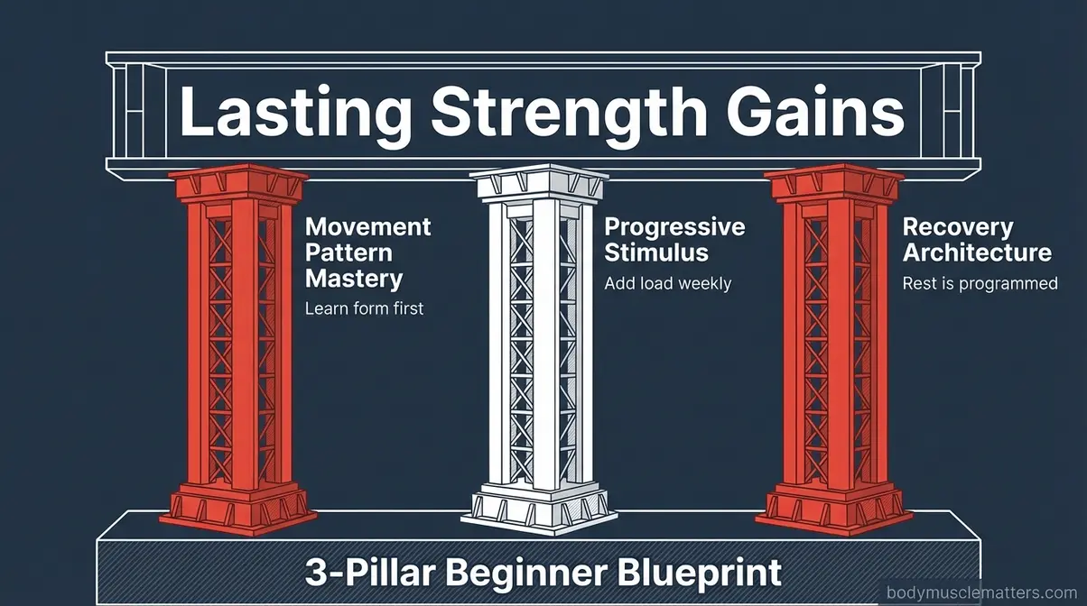 Diagram of the three-pillar beginner strength training blueprint: movement mastery, progressive stimulus, and recovery architecture
