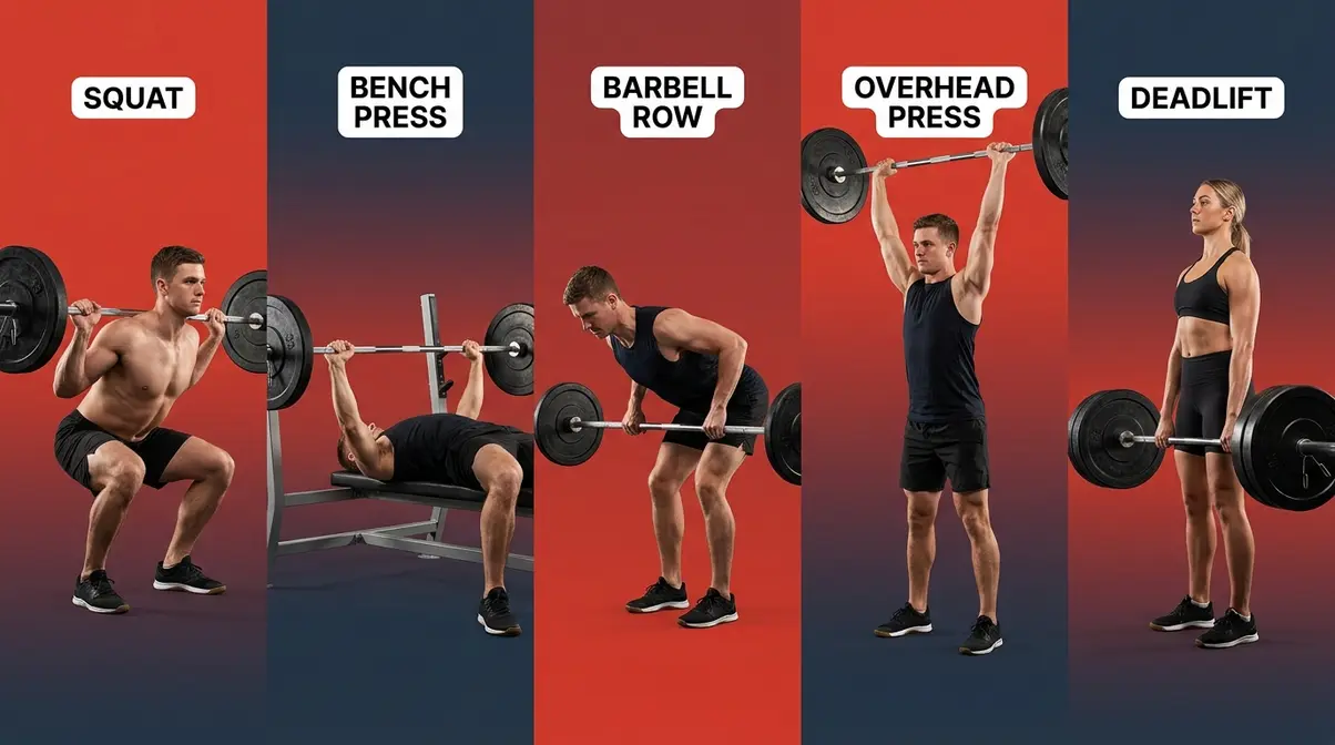 Five barbell lift form positions for StrongLifts 5x5 beginners — squat to deadlift
