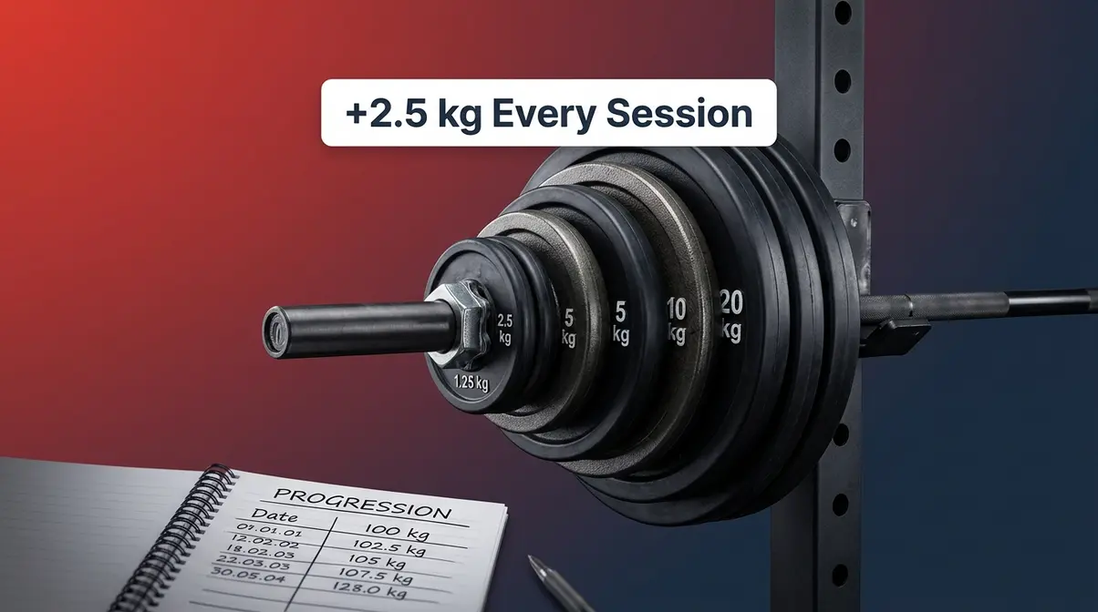 Olympic barbell with weight plates showing progressive overload increments for beginners