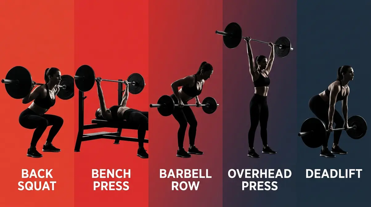 Five compound barbell exercises used in StrongLifts 5x5 — squat, bench press, row, overhead press, and deadlift