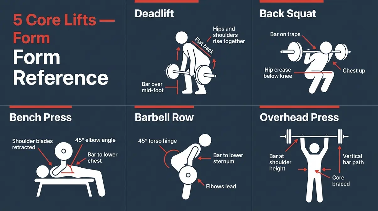 StrongLifts 5x5 form guide reference card showing correct technique for all five compound barbell lifts
