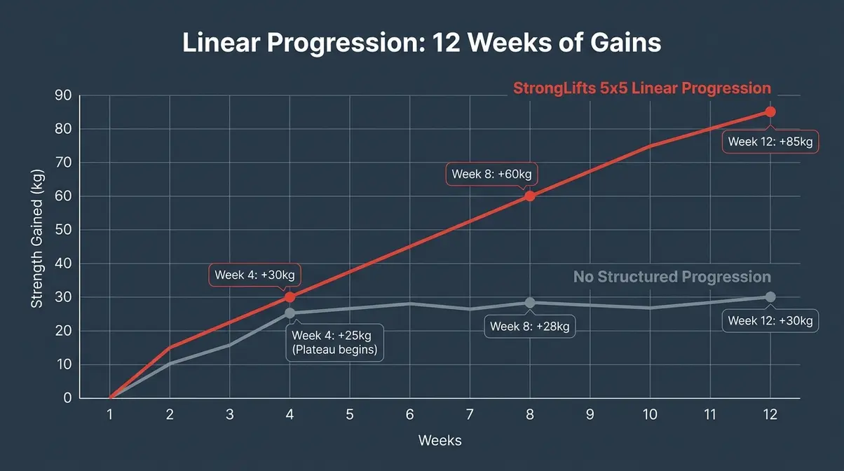 Line graph showing StrongLifts 5x5 linear progression strength gains versus no structured programme over twelve weeks