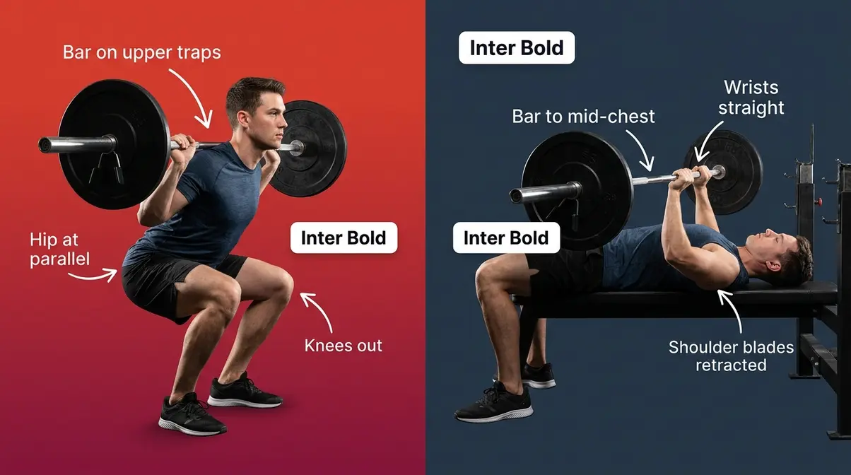 Barbell squat and bench press correct form cues for StrongLifts 5x5 beginners