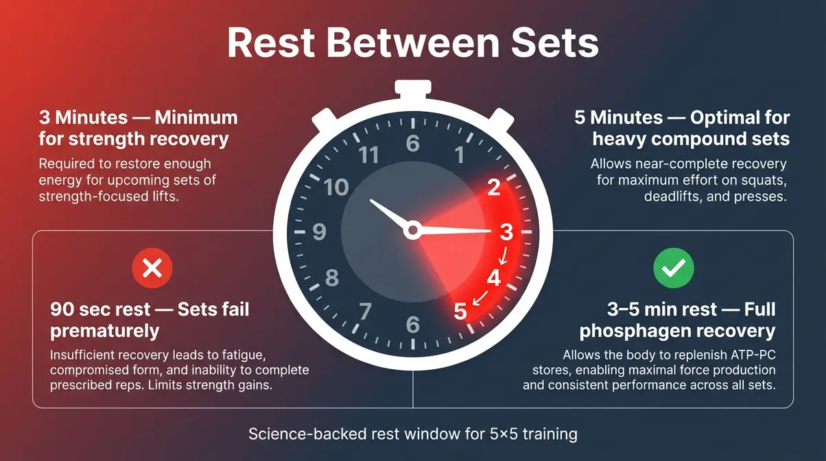 Rest period guide for strength training showing optimal 3-5 minute recovery window